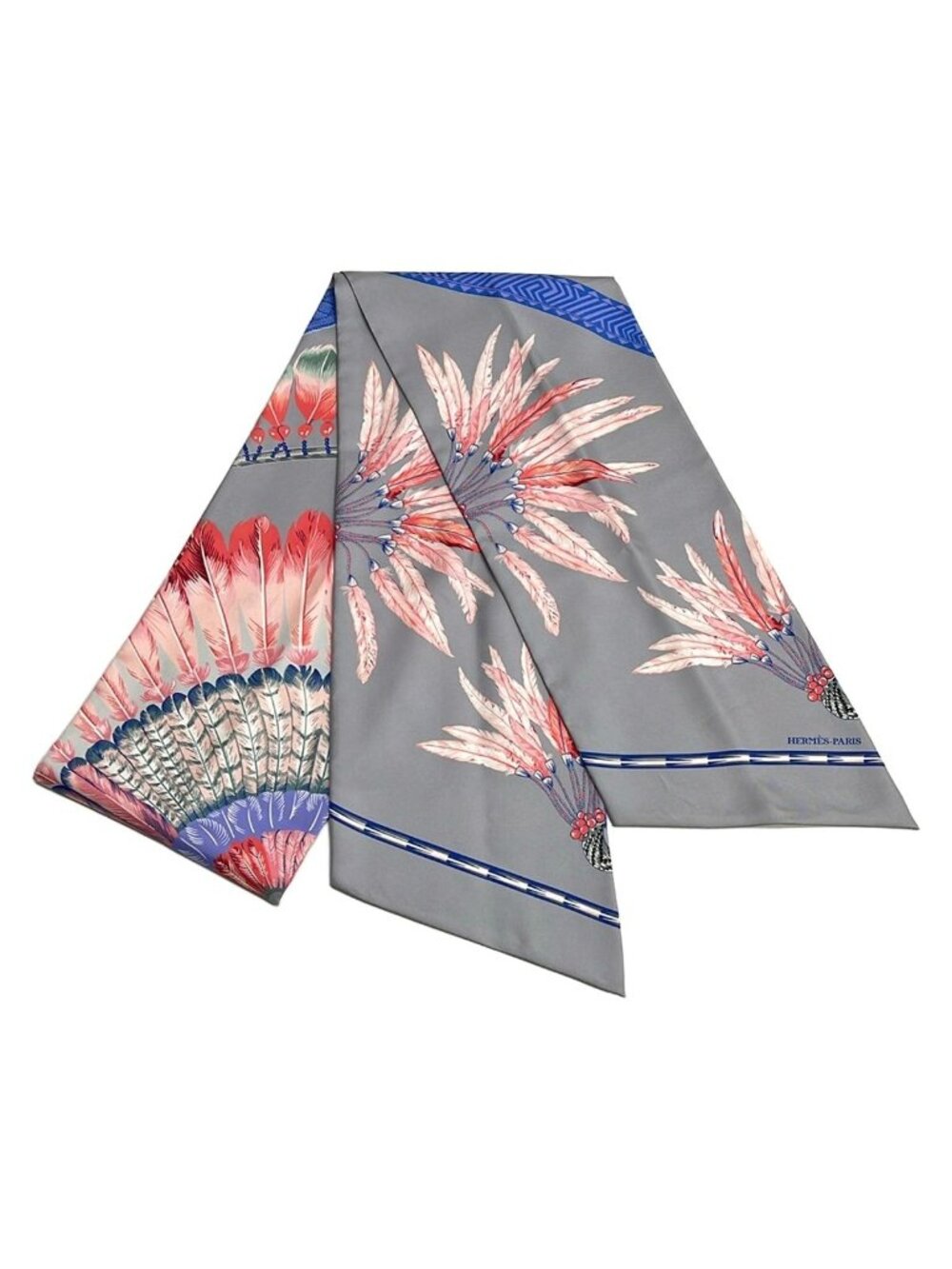 Hermes Scarf Maxi Twilly Gray Blue Pink Ribbon